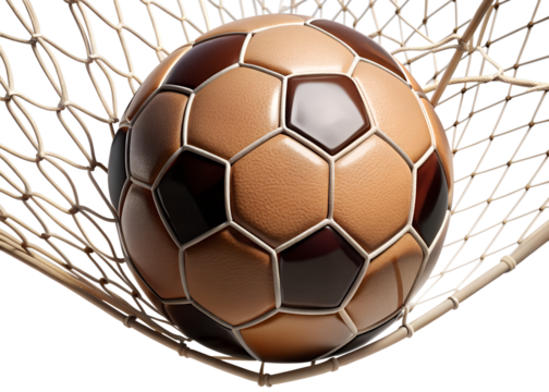 A soccer ball is caught in the net of a goal isolated on transparent background