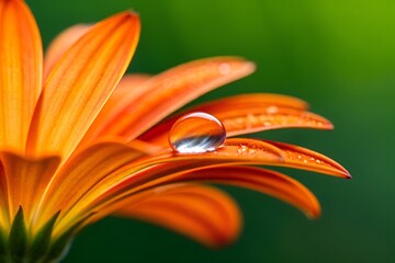 A stunning macro photograph of a single crystal clear water droplet resting delicately on a vibrant orange gerbera daisy petal