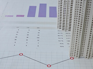 Model buildings on financial graphs represent real estate market trends and data analysis