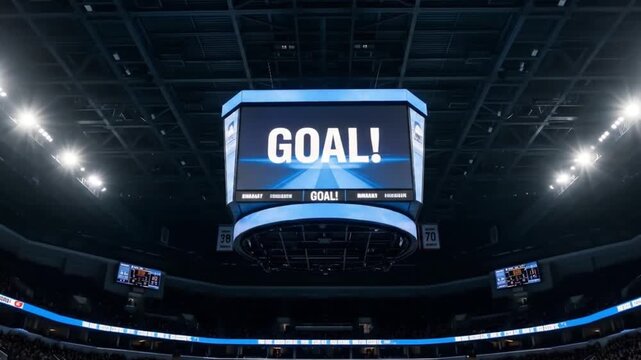Ai generated image of a large scoreboard displaying the word goal in a packed stadium, illuminated by bright lights and surrounded by cheering fans, capturing the thrill of the game
