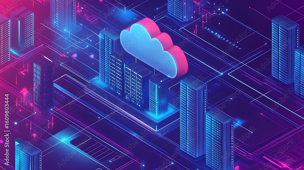 Poster futuristic cloud computing concept depicting data centers and online information storage in a photo