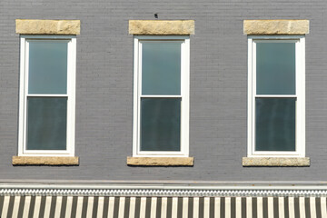 Windows on a commercial building in a small town