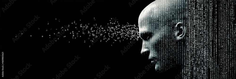 Poster digital head surrounded by cascading code represents a futuristic concept of artificial intelligence