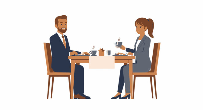 A man and woman in business suits having a pleasant meeting over coffee at a table.