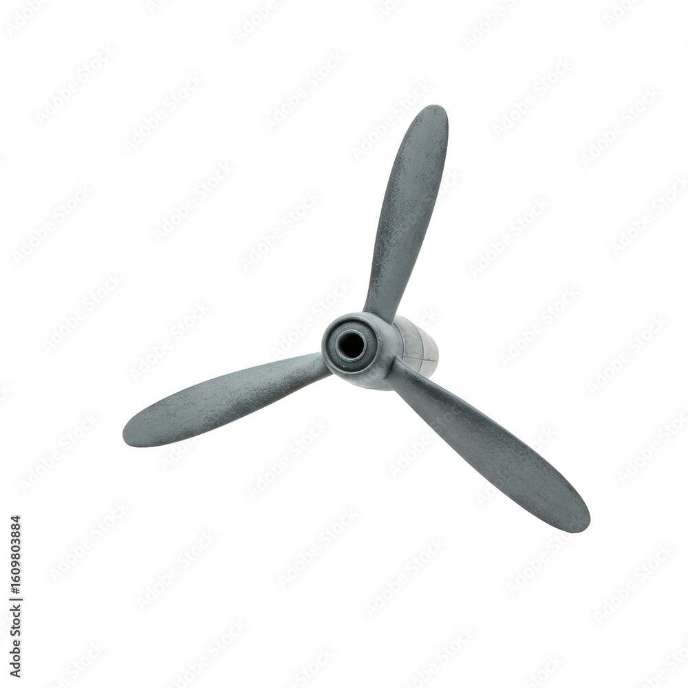 Poster a single weathered plastic toy airplane propeller with two blades, shown from a precise 3/4 view ang
