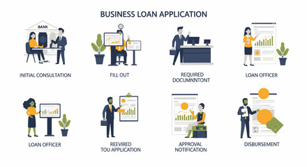 Illustration depicting the business loan application process, showing consultation, form filling, document requirements, officer interaction, approval, and disbursement steps.