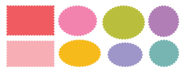 Zigzag edges set. Torn paper, jagged rectangular shape box element set with zigzag edge. Silhouette stickers circle, square, oval and rectangle labels.