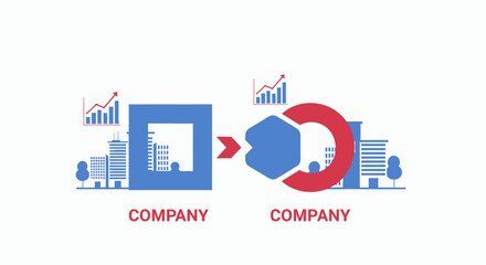 Business growth concept showing a company transforming and improving its performance with rising charts and cityscapes.