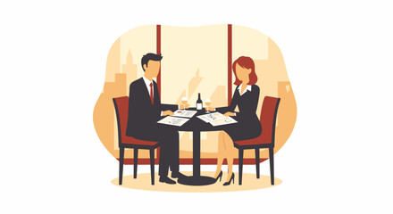 Two business professionals, a man and a woman, sit at a table reviewing documents in a modern office setting.