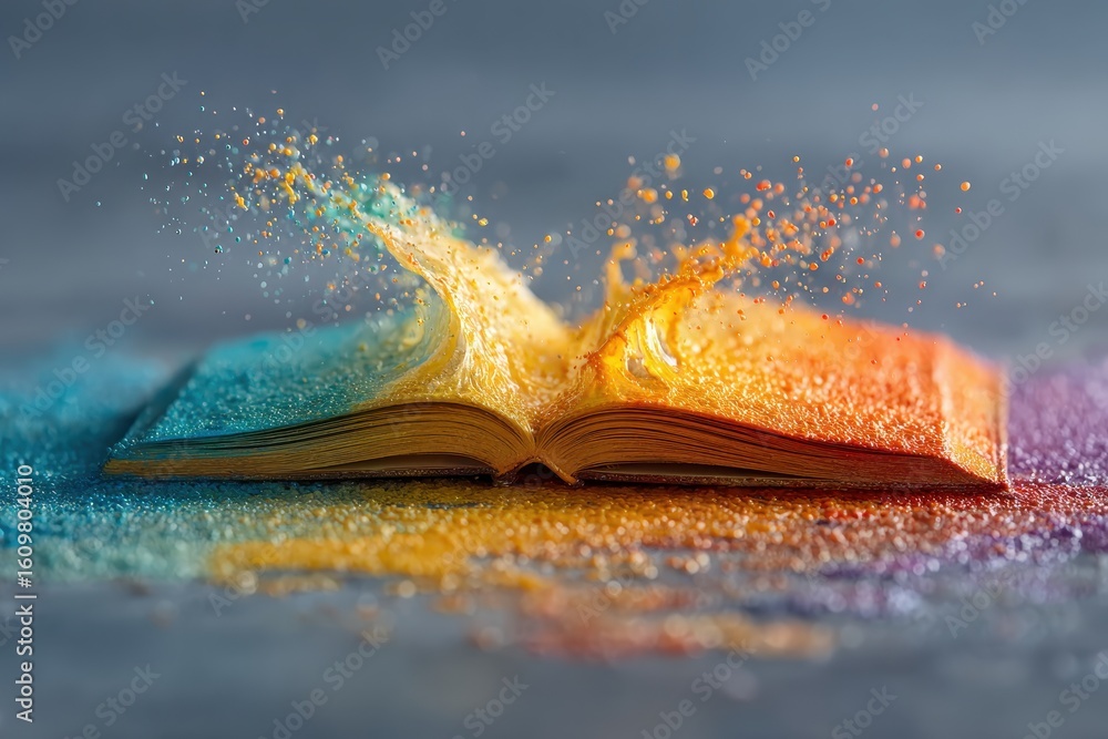Poster open book in vibrant colors explodes in splash of blues and oranges creating a colorful wave of know