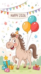 Naklejka premium Animated Horse Celebrating Happy 2026 Birthday With Party Hat and Balloons