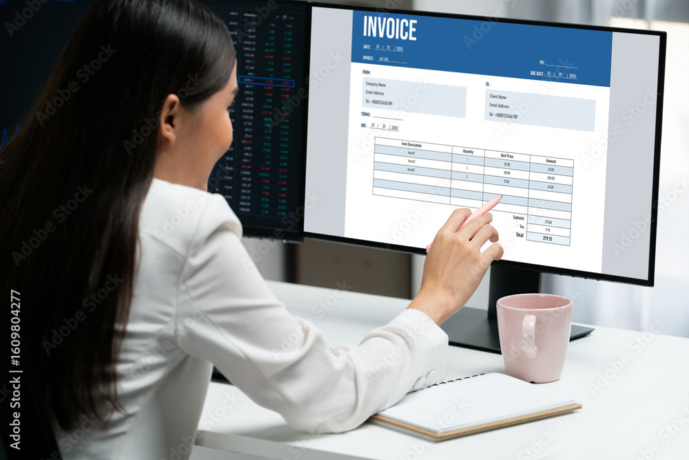 Poster invoice on computer screen from accounting application. computer program for financial and budget of