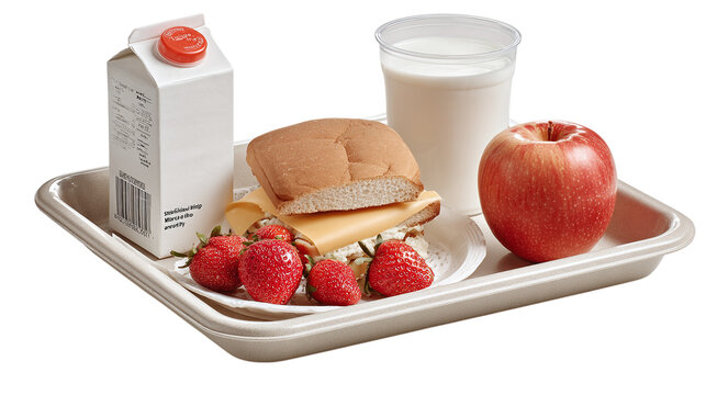 Cafeteria tray with milk carton, sandwich, and fruit isolated on transparent background 