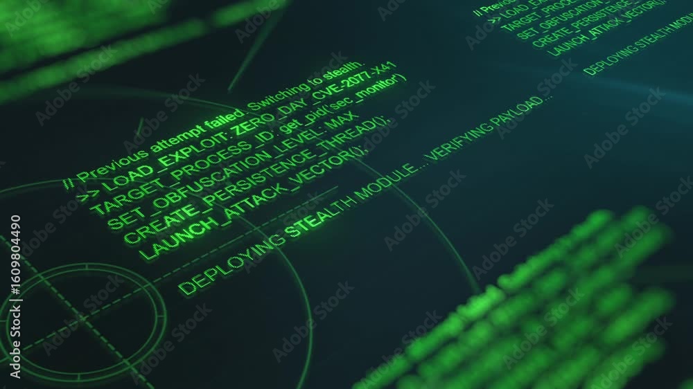Poster digital interface displays a system access attempt with green terminal commands and a flashing red a