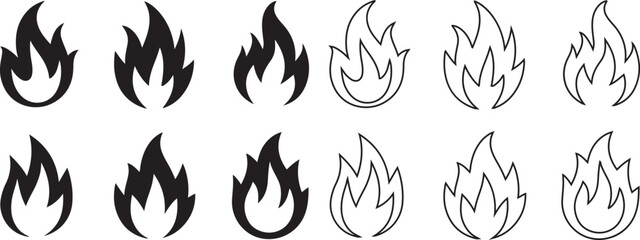 Fototapeta premium Fire flame icons set, danger & heat silhouette and line art vector 