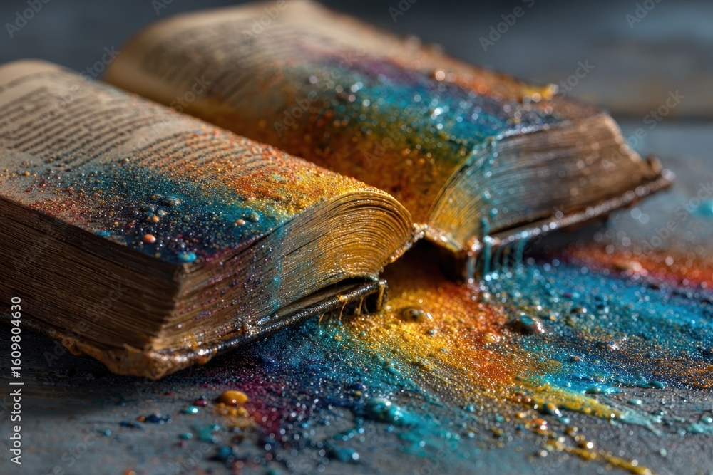 Poster open book in vibrant colors explodes in splash of blues and oranges creating a colorful wave of know