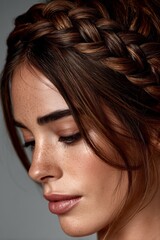 close-up portrait of a teen with an intricate braided hairstyle, showcasing natural beauty and subtle fashion elegance

