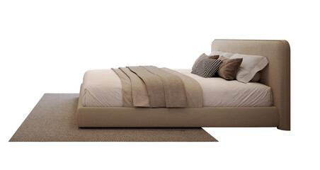 Modern brown bed side view with rug isolated PNG. 3d rendering