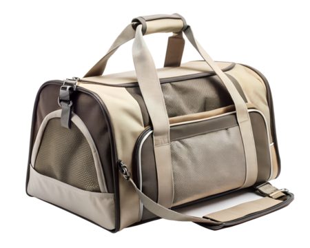 A tan and gray duffel bag for travel or sports, with multiple compartments, isolated on transparent background