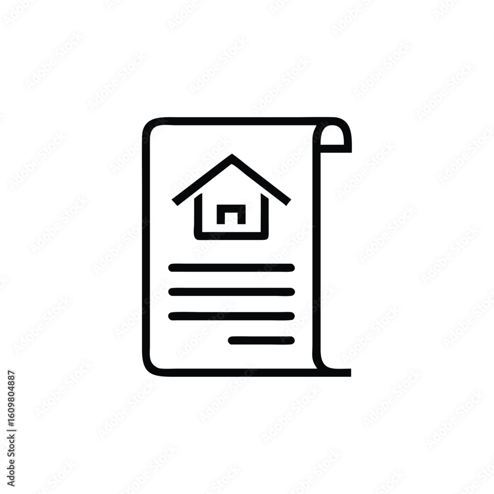 Poster outline icon a house on a document with text lines home paper