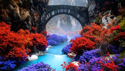 Stone Arch Bridge Over Flowing River with Colorful Fall Foliage