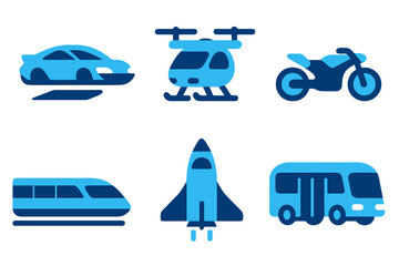 Flat vector futuristic transport icons in light and dark blue including flying car, drone taxi, and maglev train. Perfect for sci-fi and future mobility.