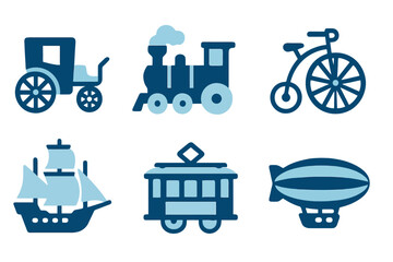 Set of six blue classic transport icons featuring steam train, tram, and zeppelin. Ideal for retro tourism, educational maps, and stock illustrations. © VectorGomes