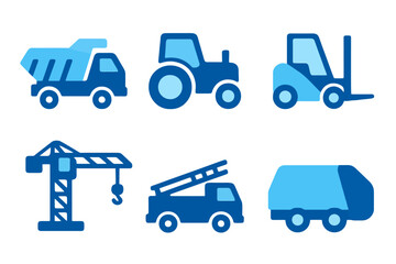 Flat vector heavy transport icons in light and dark blue including dump truck, crane, and forklift. Perfect for construction and logistics projects.
