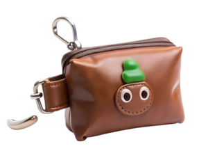 Cute brown faux leather pet waste bag holder with cartoon character isolated on transparent background