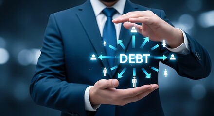Businessman holding a glowing debt reduction concept with arrows