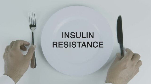 Insulin Resistance word on a plate with hands holding fork and knife on white background, symbolizing blood sugar imbalance, health, and nutrition awareness concept illustration