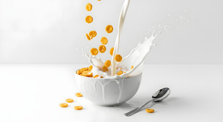 Pouring milk into a bowl of crunchy cereal with a splash, creating a delicious breakfast.