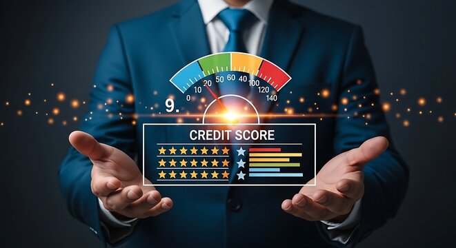 Man holding a digital credit score with a gauge and rating system