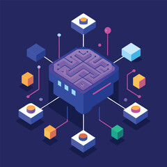 Illustration vector art of a futuristic isometric illustration depicts artificial intelligence and data exchange in a connected network