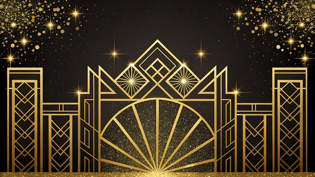 Elegant Gold Geometric Art Deco Design with Sparkling Accents, Evoking Glamour and Sophistication of a Bygone Era
