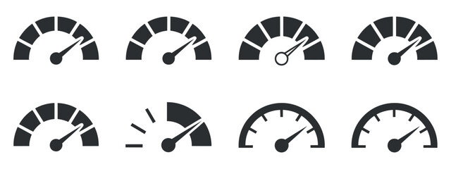 Gauge Icon Set Displaying Performance Measurement with Speedometer Symbols for Dashboard Design and Progress Tracking Elements