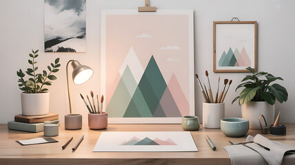 Creative Workspace Serenity An Artist's Desk with Mountain Art and Natural Light