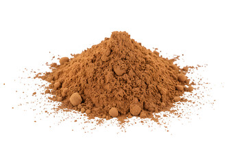 Pile of light brown powder on a white surface, isolated on white or transparent background. PNG
