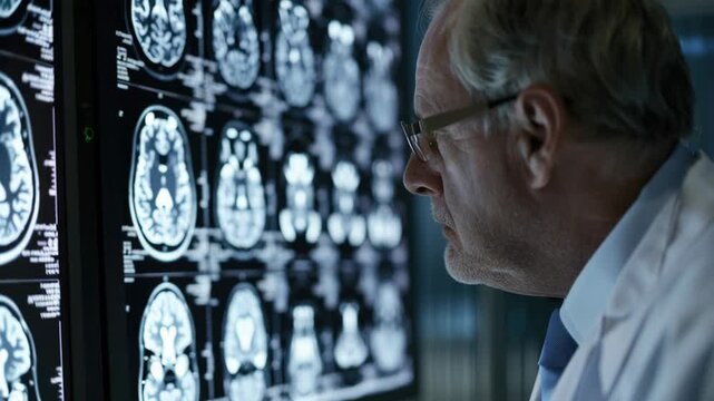 A scientist examining MRI scans, concise and straightforward