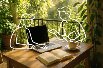  Line art people working with laptop and book on balcony