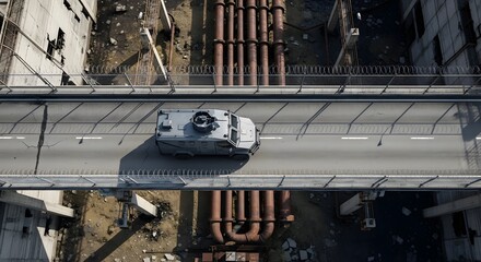 Overhead shot of armored vehicle crossing a bridge with industrial pipes below and barbed wire along the side in a desolate environment.