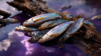 Dead fish on polluted water surface with rainbow oil slick