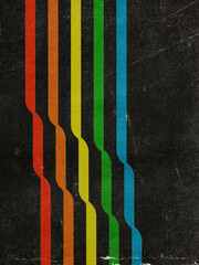 VHS aesthetic inspired retro striped or lines background design. 80s VHS cassette like packaging. Black paper background texture with dust, noise, grain, scratches. Vertical layout