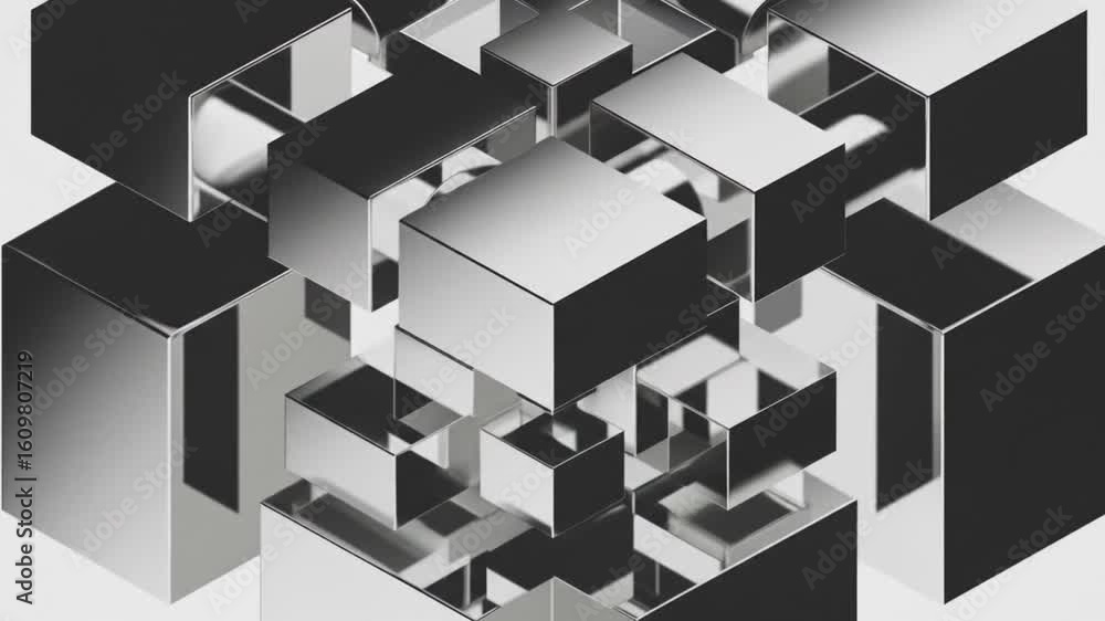 Poster an abstract 3d animation of shifting metallic cubes and hollow frames assembling into a complex stru