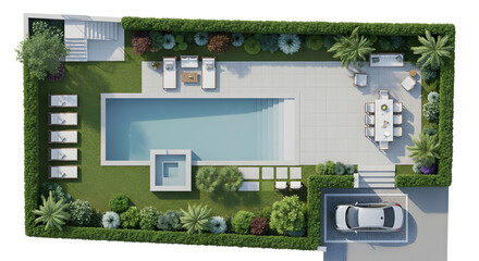 Architectural Site Plan Illustration Featuring Swimming Pool, Outdoor Furniture, and Lush Greenery, for marketing materials, property sales presentations, and urban planning visualizations
