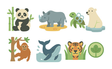 Endangered Species Illustrations. Flat vector mini-illustrations endangered species awareness in colors