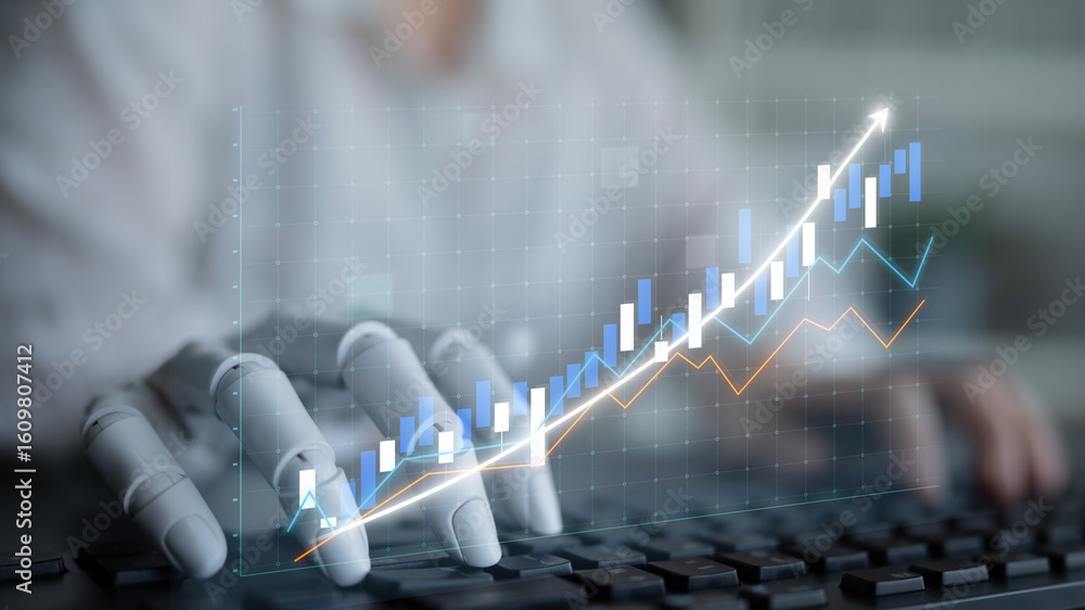 Poster a robotic hand interacts with a digital data chart while typing on a keyboard, showcasing advancemen