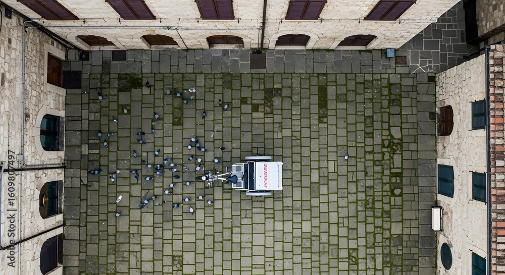 Aufkleber overhead view of a generic vehicle in a stone courtyard with surrounding buildings and scattered pap