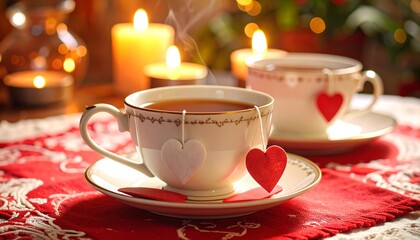 Fototapeta premium Tea Cups with Heart Shaped Tags and Candles on Red Cloth