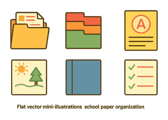 Organized School Supplies. Flat vector mini-illustrations school paper organization in colors children's